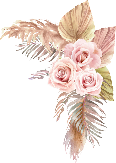 Tropical flower. Pampas grass bouquet, rose, palm leaves